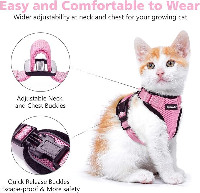 Dooradar Cat Harness and Leash Set, Escape Proof Safe Adjustable Kitten Vest Harnesses for Walking, Easy Control Soft Breathable Mesh Jacket with Reflective Strips for Cats, Pink, S