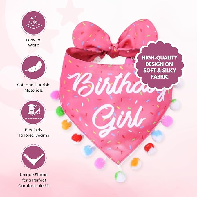 Luxury Pet Birthday Bandanas -Premium & Silky Poly Fabric | 100% Handmade | Custom Shape Dual Layered (Birthday Girl, Large)