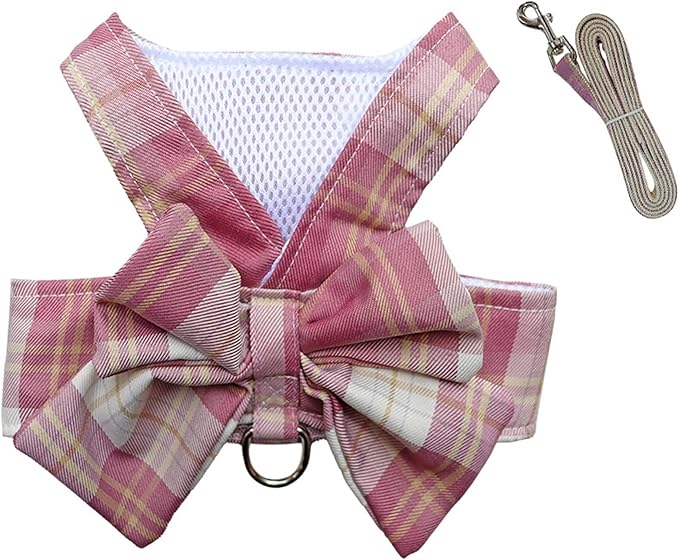 Dog Harness and Leash Set, Cute Bow Tie Plaid Harnesses for Puppy Cat, Adjustable Pet Kitties Vest, Breathable Harness Traction Rope for Boy Girl Small Animal(Harness Dark Pink,XS for 1.1-3.3lbs Dog)