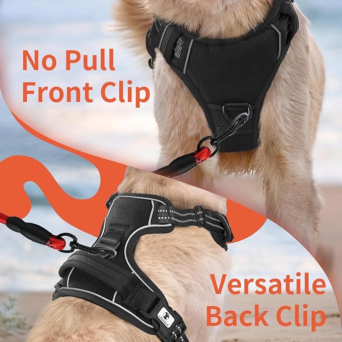Dog Harness, No-Pull Pet Breathable Harness, Adjustable Soft Padded Dog Vest with 2 Leash Clips, Reflective No-Choke Pet, Easy Control Handle for Large Dogs, Black, L