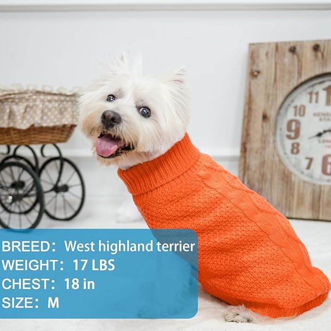 Mihachi Turtleneck Dog Sweater - Winter Coat Apparel Classic Cable Knit Clothes with Leash Hole for Cold Weather, Ideal Gift for Pet in New Year Orange Small