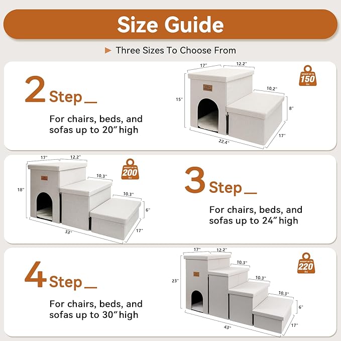 Dog Stairs with Condo 15" H, 2-Step Wider Dog Steps for Small/Medium/Large Old Dogs Cats, Folding Sturdy Storage Pet Stairs Climbing Bed Couch, Ramp for Car Hold Up to 150 lbs, Beige Gray