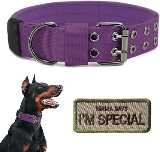 Tactical Dog Collar Military Adjustable Dog Collars Soft Nylon K9 Training Collar with Patch Heavy Duty Metal Buckle Collars for Medium Large Dogs (Violet, XL)