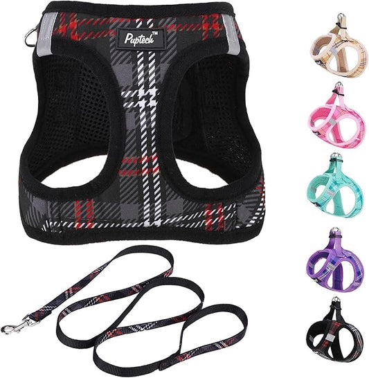 PUPTECK Dog Harness and Leash Set for Small Medium Dogs No Pull Step-in Soft Mesh Puppy Cat Vest Harnesses Reflective at Night, Plaid Pattern Black L