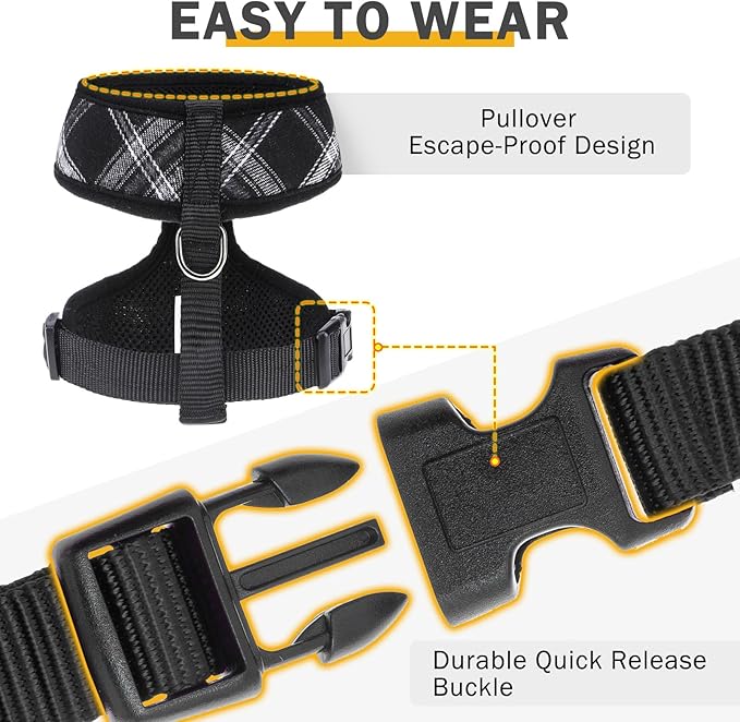SCENEREAL No Pull Dog Harness Collar and Leash Set Small Medium Sized Dog, Soft Mesh Step in Puppy Harnesses, No Chock Plaid Adjustible Pet Vest for Outdoor Walking Training and Running, Black XS