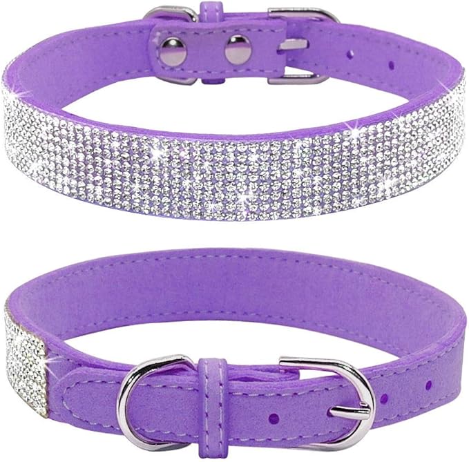 Rhinestone Dog Collar, Cute Dazzling Sparkling Soft Suede Leather Dog Cat Rhinestone Collar Crystal Diamond Pet Dog Puppy Collar(Purple,XXS)