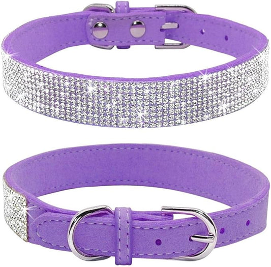 Rhinestone Dog Collar, Cute Dazzling Sparkling Soft Suede Leather Dog Cat Rhinestone Collar Crystal Diamond Pet Dog Puppy Collar(Purple,M 32-38 cm)