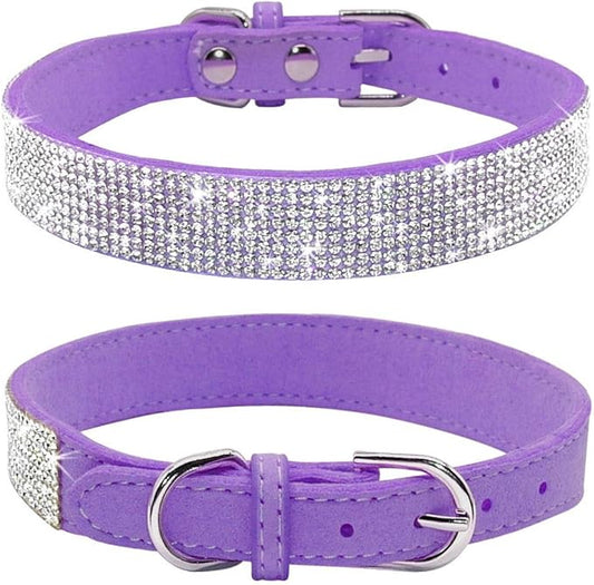 Rhinestone Dog Collar, Cute Dazzling Sparkling Soft Suede Leather Dog Cat Rhinestone Collar Crystal Diamond Pet Dog Puppy Collar(Purple,S)