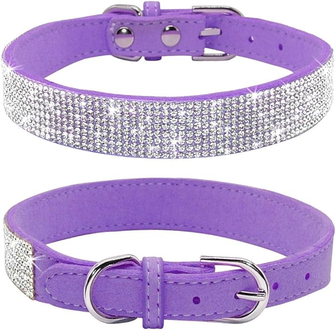 Rhinestone Dog Collar, Cute Dazzling Sparkling Soft Suede Leather Dog Cat Rhinestone Collar Crystal Diamond Pet Dog Puppy Collar(Purple,L fit Neck 38-46 cm)