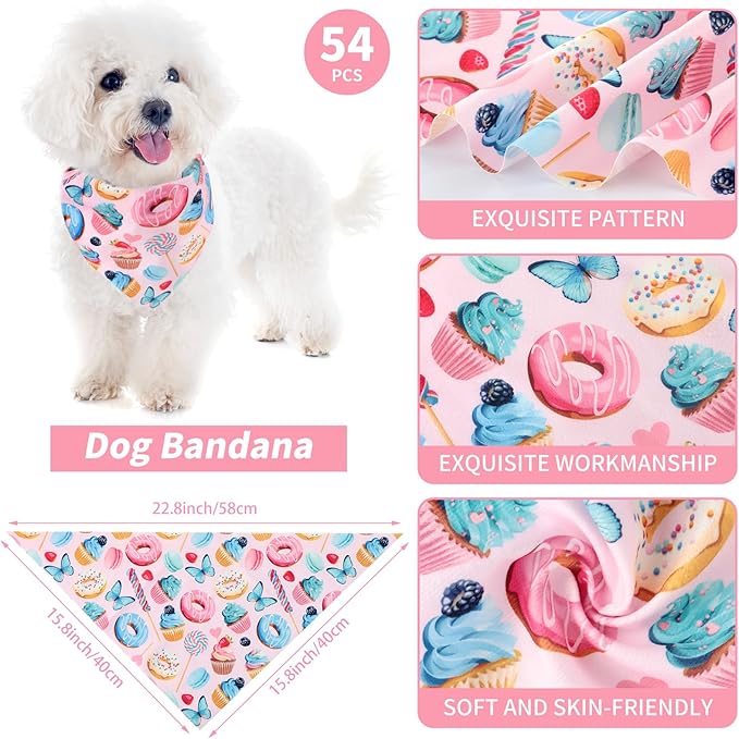Silkfly 54 Pieces Dog Bandana Bulk Donut Pet Bandana Summer Cute Adjustable Triangle Bibs Scarf Comfortable Soft Pastel Pattern Dog Kerchief for Small Medium Dogs