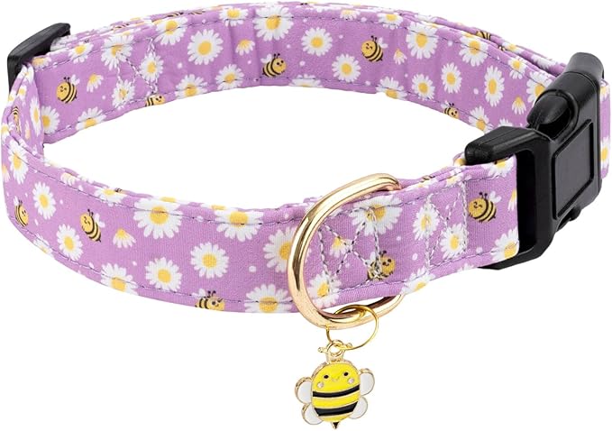 Cotton Dog Collar,Soft and Cute Puppy Collars with Bee Patterned Design for Girl Female Boy Dogs,Adjustable Buckle Pet Collar for Small Medium Large Dogs (Purple Bee, Medium)