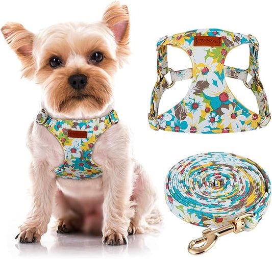 CHEDE No Pull Floral Pattern Dog Harness- Lightweight and Soft Dog Harness, Adjustable Small Dog Harness and Leash Set, with Dog Leash, Suitable for Puppy Small and Medium-Sized Dog