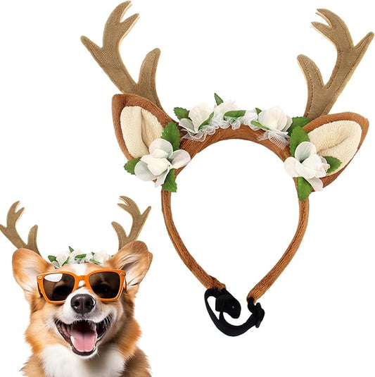 Dog Cat Christmas Reindeer Ears Antlers Headband Adjustable, Forest Flower Elk Hat Headwear Pet Deer Hair Cosplay Costumes Accessories for Halloween Merry Christmas (M(for Small and Medium Dogs))