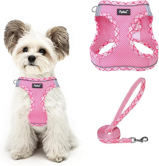 PUPTECK Dog Harness and Leash Set for Small Medium Dogs No Pull Step-in Soft Mesh Puppy Cat Vest Harnesses Reflective at Night, Upgraded New Pink M