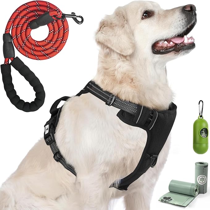 Dog Harness, No-Pull Pet Breathable Harness, Adjustable Soft Padded Dog Vest with 2 Leash Clips, Reflective No-Choke Pet, Easy Control Handle for Large Dogs, Black, L