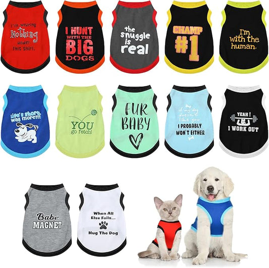 BBTO 12 Pieces Dog Shirts Pet Printed Clothes with Funny Letters Summer Pet T Shirts Cool Puppy Vest Breathable Dog Outfit Soft Cat Sweatshirt for Chihuahuas Cats Accessories, 12 Styles(Medium)