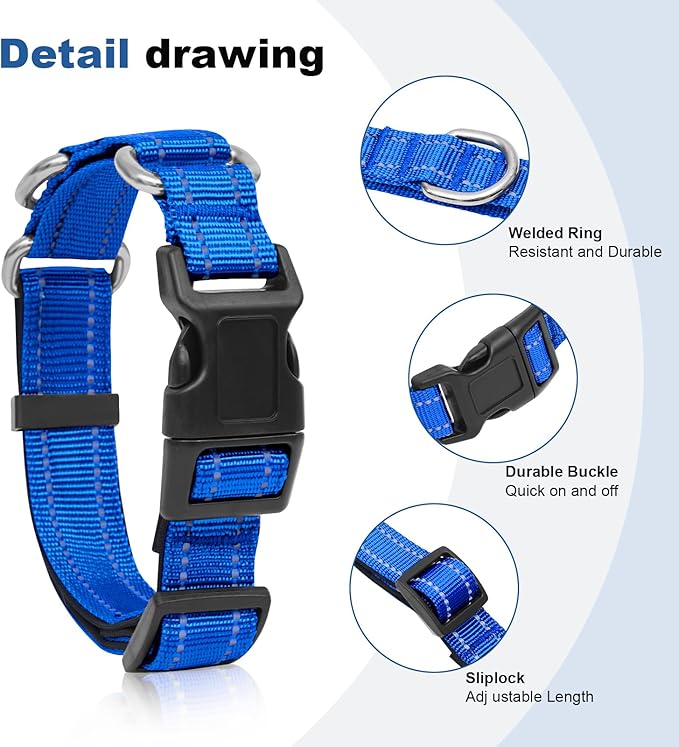 Reflective Martingale Dog Collars. Dog Collar with Quick Release Buckle. Adjustable Soft Padded Breathable Nylon Pet Collar Suitable for Puppies for Small Medium Large Dogs.