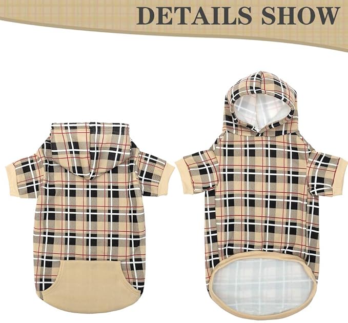 EXPAWLORER Plaid Dog Hoodie - British Style Warm Dog Sweater Shirt with Leash Hole,Pitbull Clothes Outfits,Winter Coat Apparel for All Breeds Puppy Girl Boy-Cat Apparel