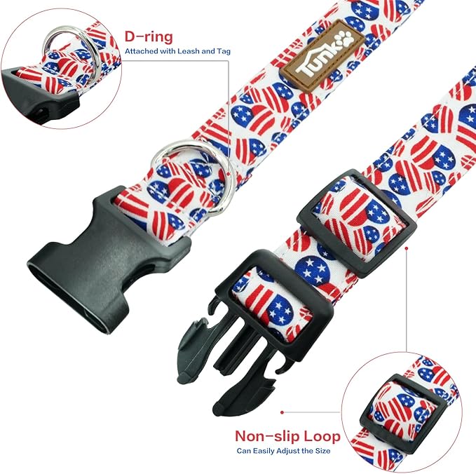 Tunkoo American Flag Dog Collar, Cute Adjustable Heart Collar for Boy and Girl Dogs Strong Plastic Buckle - for Small Medium Large Pets, M
