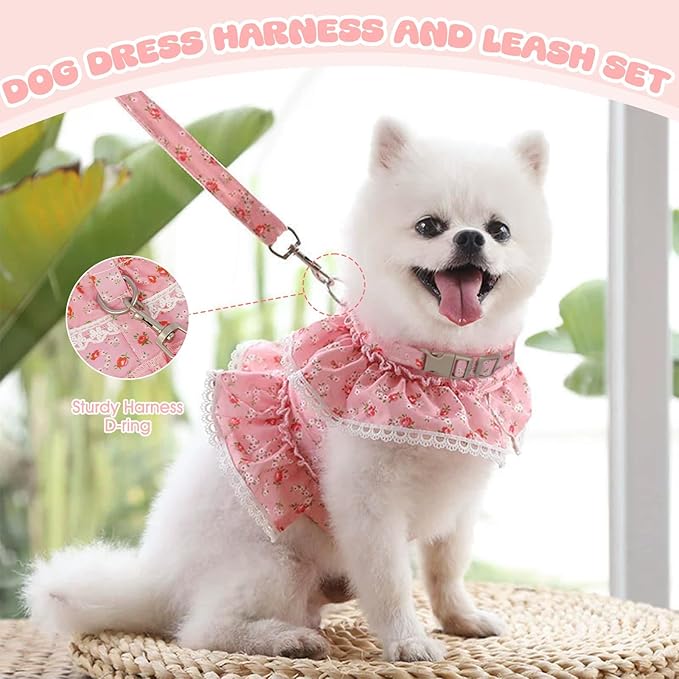 Dog Dress for Small Dogs,Cute Floral Girl Female Dog Dress Harness, Easy Walk Dogs Harness and Leash Set, Spring Summer Cat Puppy Outfit Clothes for Chihuahua Yorkshire, Pink M