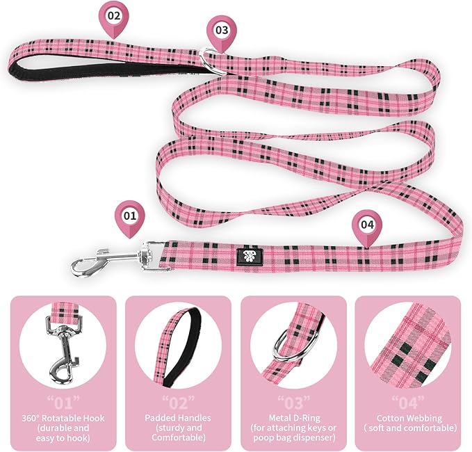 NESTROAD Dog Collar and Leash Set,Durable Leather Pet Collar with Quick Release Buckle,Adjustable Nylon Dog Collars for Small Medium Large Dogs(Small Collar + 5FT Leash,Cherecked Pink)