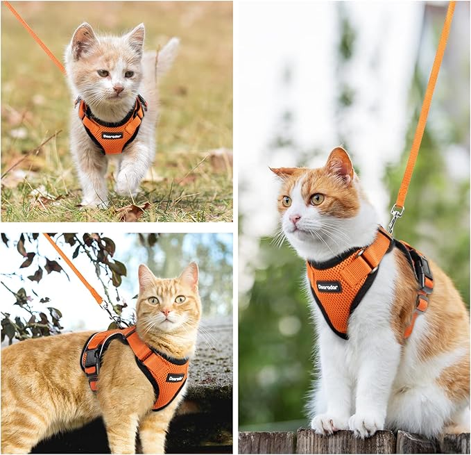 Dooradar Cat Harness and Leash Set, Escape Proof Safe Adjustable Kitten Vest Harnesses for Walking, Easy Control Soft Breathable Mesh Jacket with Reflective Strips for Cats, Orange, XS