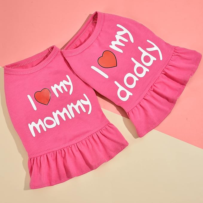 Dog Dresses for Medium Dogs Girl, 2-Pack Pink Clothes Small Girl Summer I Love My Mommy Daddy Puppy Dress Shirt Lightweight Pet Outfit Cat Apparel(Small, Color Hot Pink)