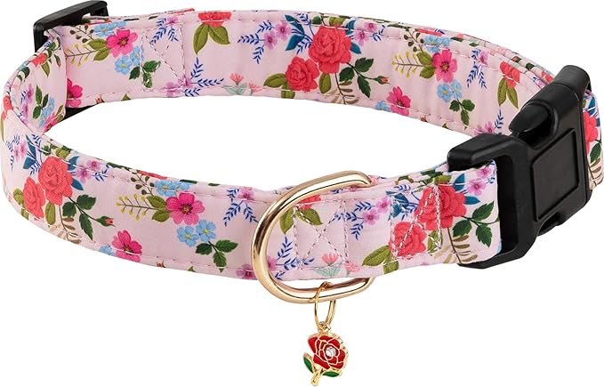 Cute Rose Dog Collar for Small Medium Large Dogs Special Design Cute Pink Rose Dog Collar for Girl Female Dogs Soft Adjustable Rose Puppy Collars for Girl Female Dogs M