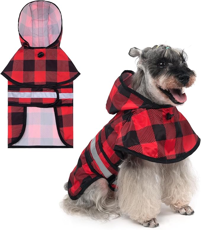 KOOLTAIL Dog Raincoat Hooded Slicker Poncho with Leash Hole, Christmas Red Plaid Raincoat for Small Medium Dogs, Waterproof Dog Rain Jacket with Reflective Strip, Adjustable Breathable Puppy Rainwear