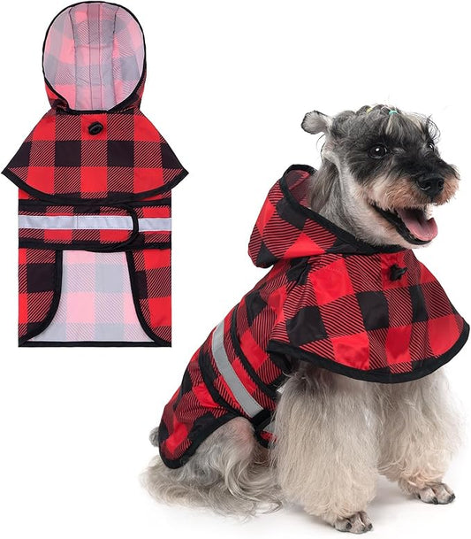 KOOLTAIL Dog Raincoat Hooded Slicker Poncho with Leash Hole, Christmas Red Plaid Raincoat for Small Medium Dogs, Waterproof Dog Rain Jacket with Reflective Strip, Adjustable Breathable Puppy Rainwear