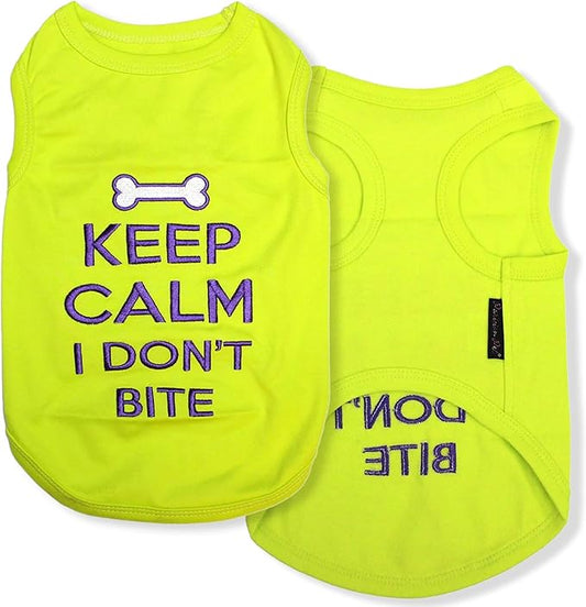 Parisian Pet Dog Tshirt - Embroidered “Keep Calm I Dont Bite “ Dogs Apparel - Breathable and Lightweight Doggy Clothes - Sleeveless Dog Tee Shirts - Machine Washable Shirts for Medium Dogs - M