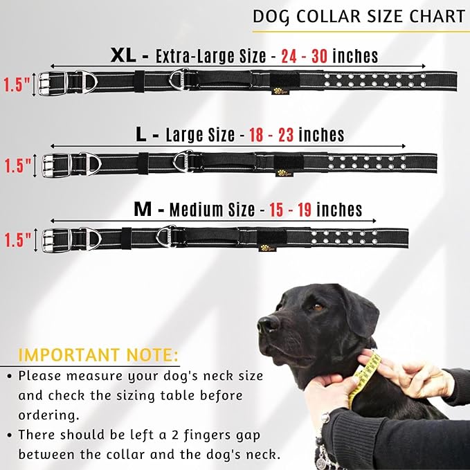 ADITYNA Heavy Duty Dog Collar with Handle - Thick Dog Collar for Large Dogs - Wide, Reflective, Tactical, Soft Neoprene Padded - Perfect Black Dog Collar for Training, and Walking