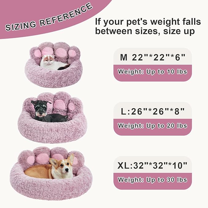Jiupety Paw Shape Calming Pet Bed, Medium Plush Faux Fur Donut Bed for Dogs & Cats, Machine Washable, Non-Slip Bottom, Extra Large Size (32"×32"×10"), Purple