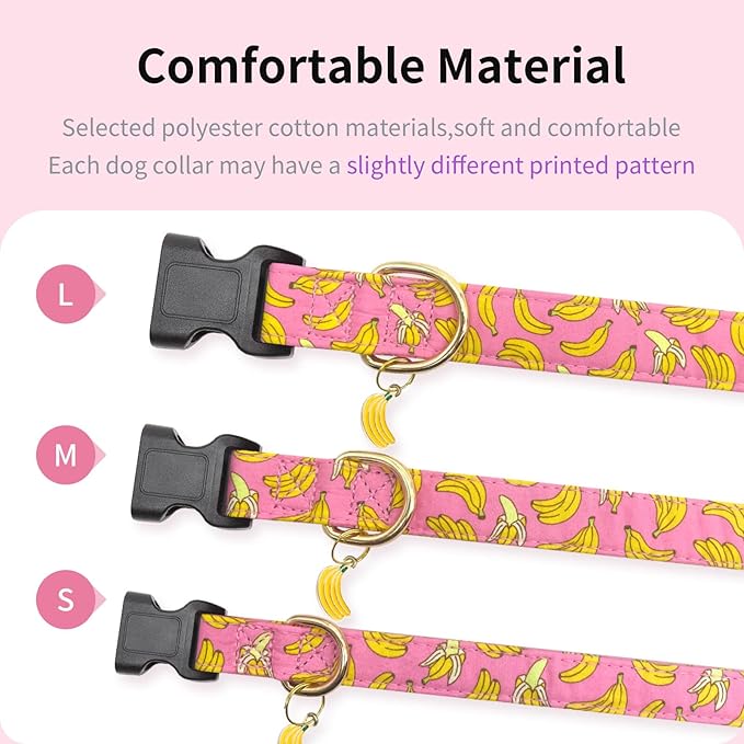 Cotton Dog Collar,Soft and Cute Puppy Collars with Banana Patterned Design for Girl Female Boy Dogs,Adjustable Buckle Pet Collar for Small Medium Large Dogs(Pink Banana, L)