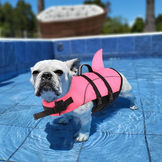Queenmore Small Dog Life Jacket,Shark Dog Life Vest for Swimming,Puppy Light Life Preserver for Boating Kayaking Canoeing,Pet Reflective Lifesaver with High Buoyancy,Rescue Handle,Leash Hook (Pink,L)