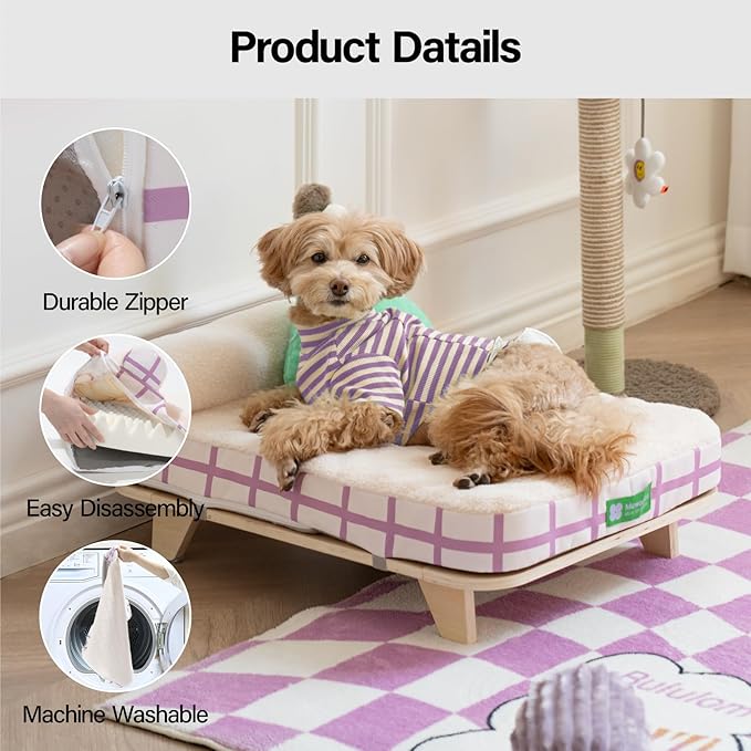 MEWOOFUN Cat Couch Bed, Modern Elevated Cat Bed with Nonskid Bottom, Orthopedic Pet Sofa Bed with Removable Washable Cover, Wooden Pet Furniture for Kitty Puppy, Purple & White