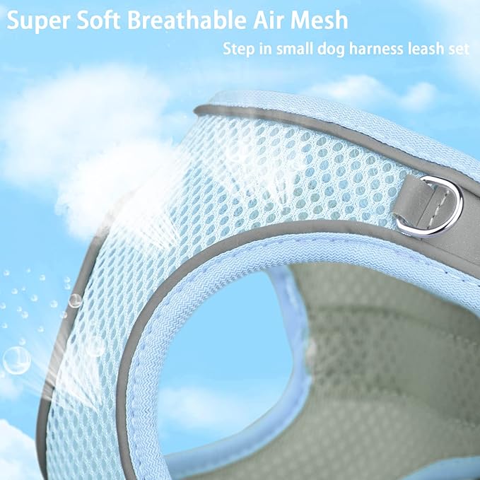 Soft Small Dog Harness and Leash Set Mesh Puppy Harnesses Leash Easy Walk Dog Harness Vest Adjustable Reflective No Pull Dog Harnesses for Small Dogs Cats (Blue Grey,XXS)