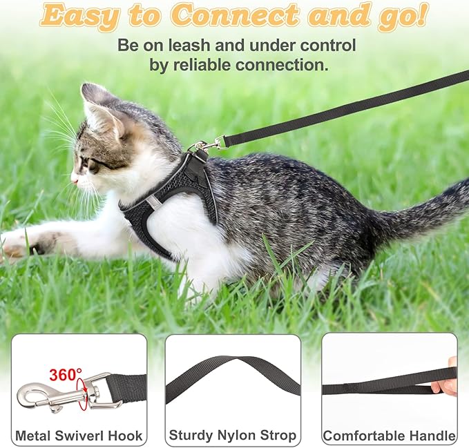 Cat Harness and Leash for Walking Escape Proof, Adjustable Kitten Vest Harness Reflective Soft Mesh Puppy Harness for Outdoor, Comfort Fit, Easy to Control (Black, S)