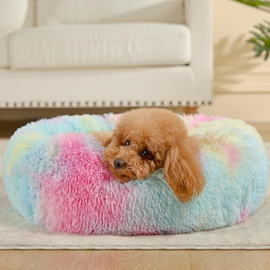 Dog Calming Beds for Small Medium Large Dogs - Round Donut Washable Puppy Dog Bed, Anti-Slip Faux Fur Fluffy Donut Cuddle Anxiety Cat Pet Bed(24'' Color)