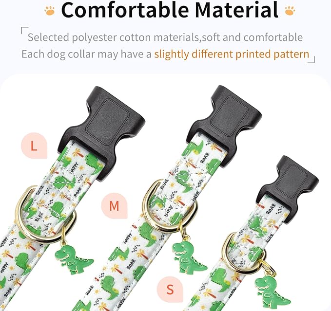 Cotton Dog Collar,Adjustable Cute Puppy Collar with Moon Patterned Design for Small Medium Large Dogs,Soft and Fancy Pet Collar with Safety Buckle for Girl Boy Dogs (Green Dinosaur, L)