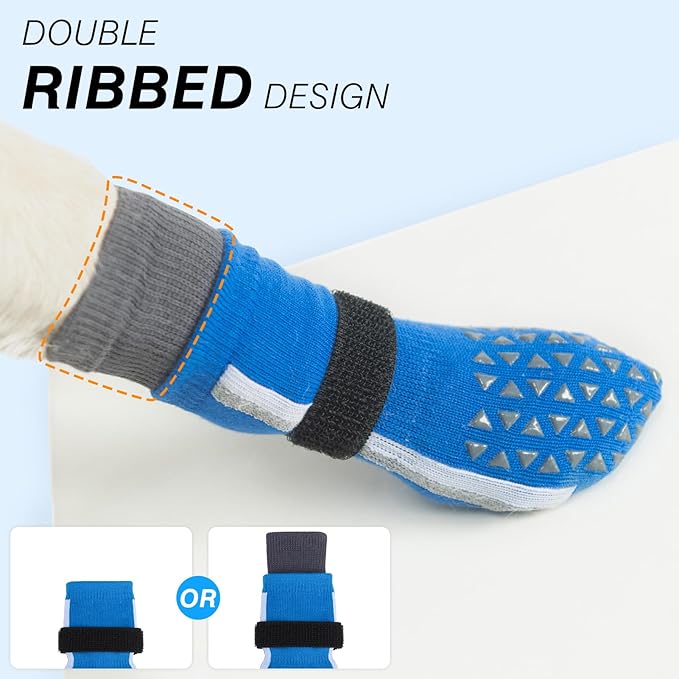 SCENEREAL Anti Slip Dog Socks for Hot Pavement to Prevent Licking Paws, Long Sporty Style Reflective Dog Grip Socks for Hardwood Floors, Dog Shoes Booties&Paw Protector for Medium Senior Dog, Blue M