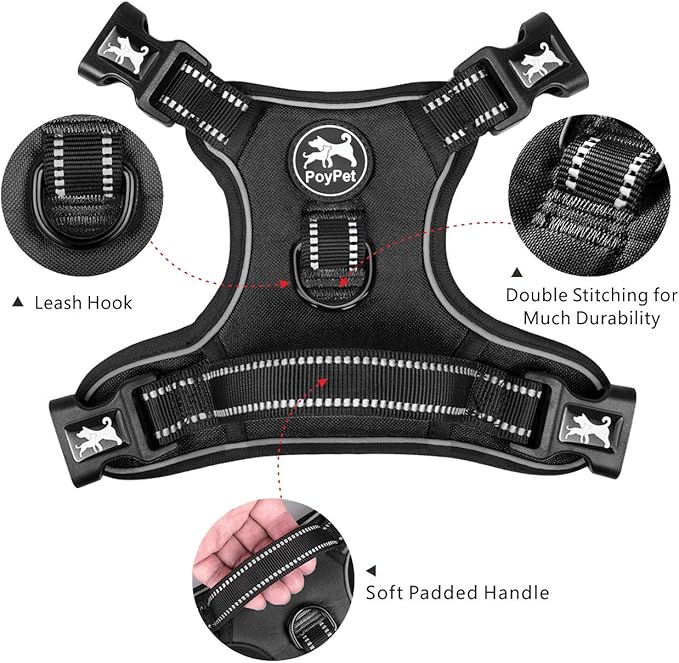 PoyPet No Pull Dog Harness with 4 Buckles for Puppy Small Dogs (Black,S)
