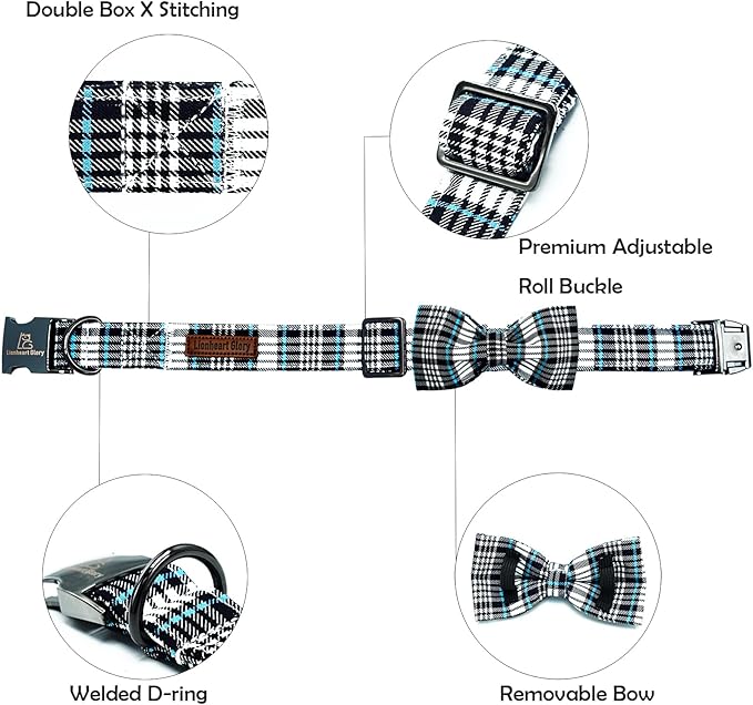 Lionheart glory Dog Bow Collar Blue and Black Plaid Dog Collar for X-Large Dogs,Boy Dog Collars with Bowtie Spring Summer Collars Soft Adjustable Pet Collar Bows