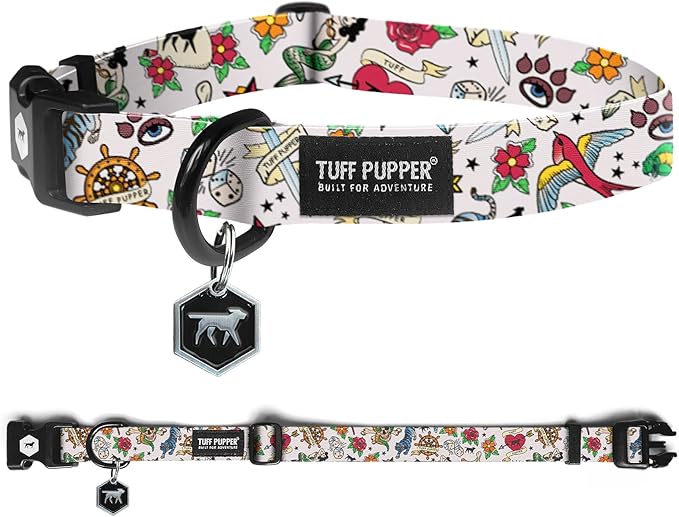 Tuff Pupper Premium Adjustable Dog Collar for Small Girl Dogs, Stylish Pattern Collars Designed in USA, Quick Release Buckle, RebelWhite Print for Female Dogs, Small (0.7 Inch Wide x 8-12 Inch Neck)