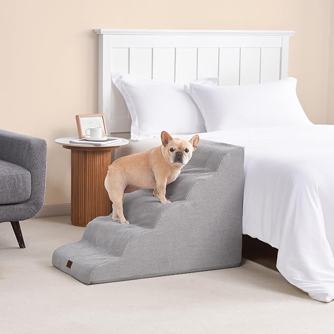 EHEYCIGA Curved Dog Stairs Ramp for High Beds, 5-Step Extra Wide Dog Steps for Small Dogs and Cats, Pet Stairs for High Bed Climbing, Non-Slip Balanced Pet Step Indoor, Light Grey