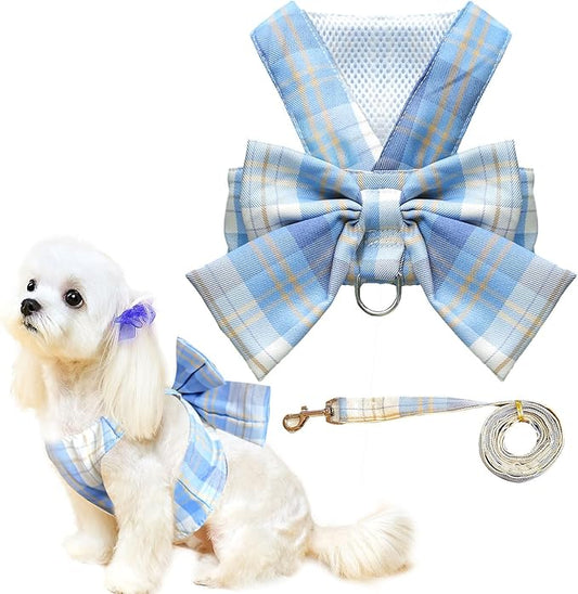 Cute Dog Harness and Leash Set with Bow Tie Soft Mesh Plaid Girl Puppy Harness No Pull Pet Cat Dog Vest Harness for Small Dogs Chihuahua Rabbit Outfit (Blue,M)