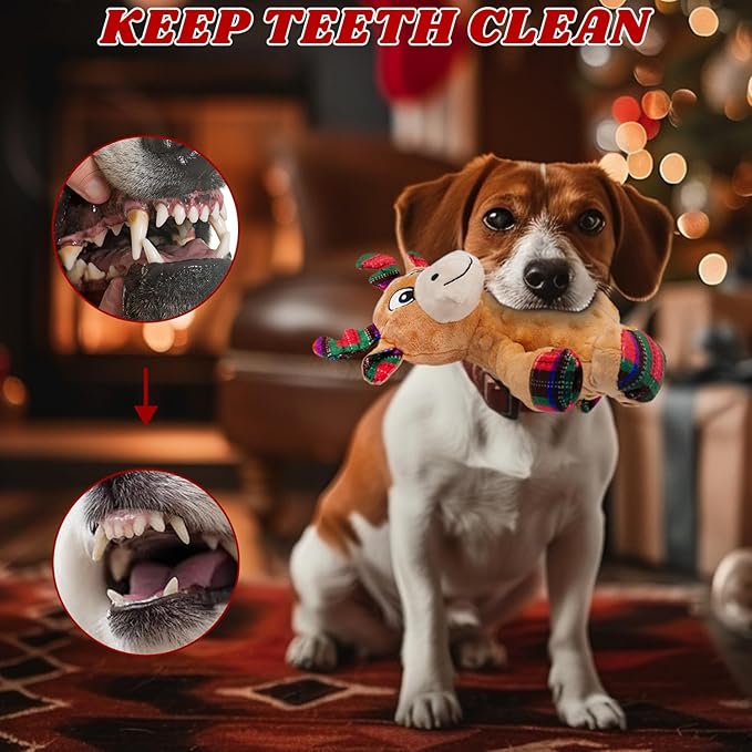 Dog Toys Squeaky Interactive Puppy Teething Chew Toy Deer Shape Stuffed PP Cotton Crinkle Sound Paper Tail, for Large Medium Small Breeds Indoor Outdoor Play