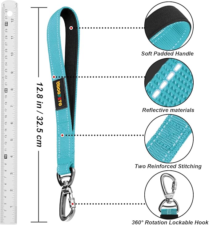 Dog Seat Belt Harness for Car, Dog Car Leash with Car Headrest & Buckle, Reflective Short Dog Leash, Pet 15 Inch Heavy Duty Leash for Dogs with Padded Handle & Locking Carabiner Clip, Sky Blue