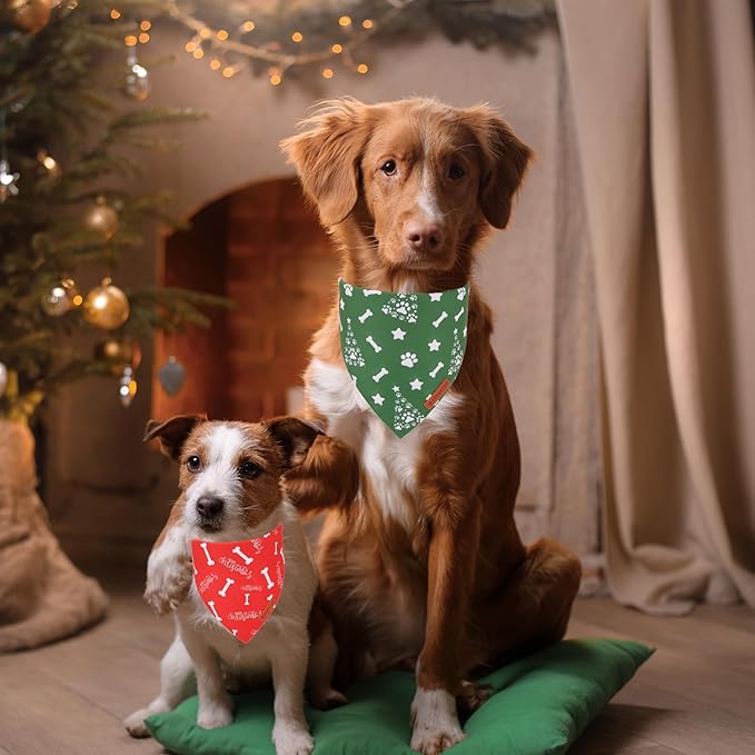ADOGGYGO Christmas Dog Bandana, Premium Durable Fabric, Adjustable Fit Red Green Merry Christmas Bandanas for Medium Large Dogs Pets (Large)