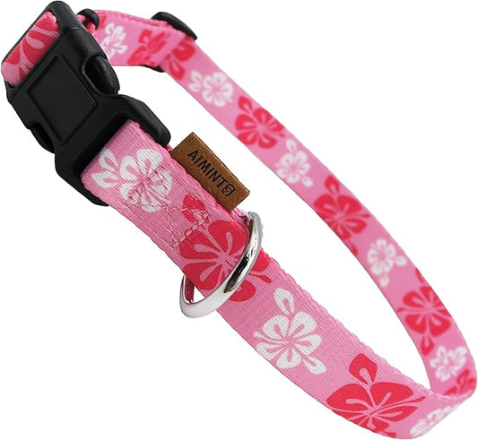 Dog Collar, Cute Floral Pattern, Soft and Adjustable Collar with Quick Release Buckle (M (Neck 14-24", Width 3/4"), Hawaiian Pink)